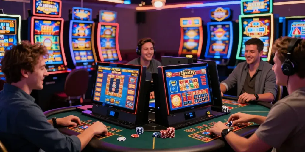 Joueurs explorant des machines à sous et des jeux de table en ligne avec des bonus sans dépôt casino.