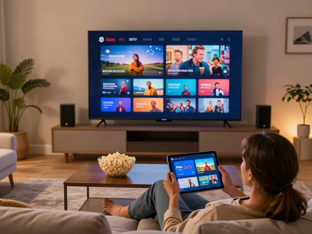 Expérience de divertissement avec l'application atlas pro ontv sur tablette dans un salon moderne.