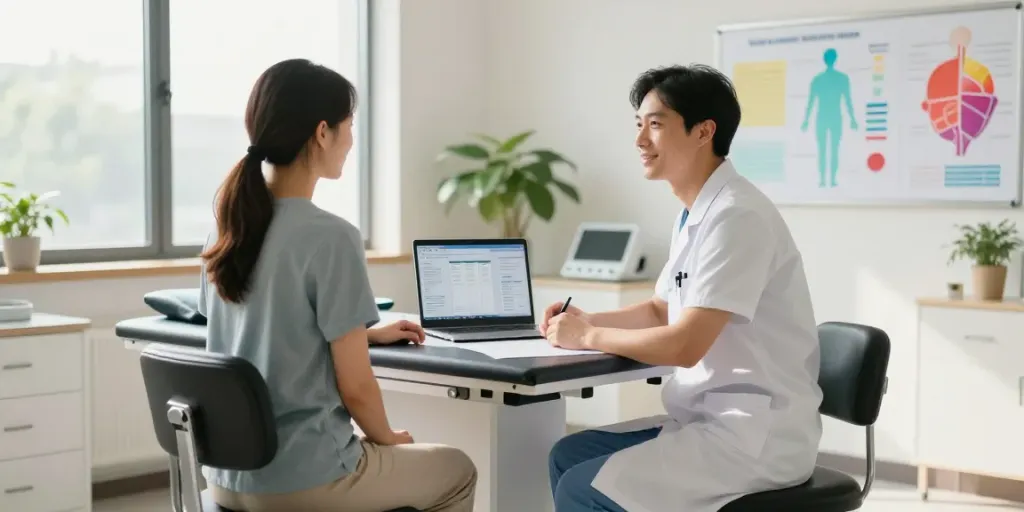 Tabouret ergonomique pour salle de consultation utilisé par un professionnel de santé dans un environnement médical moderne.