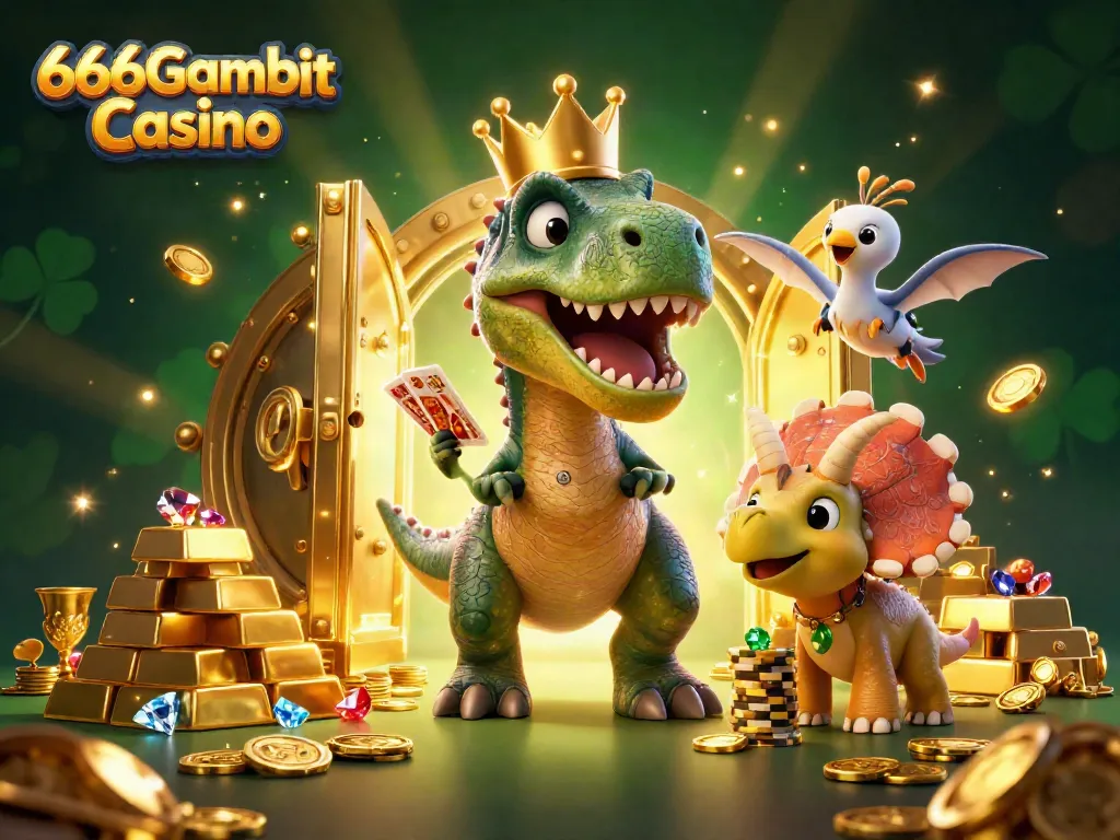 Jeu excitant à 666Gambit Casino avec un T-Rex et des pions d'or prouvant chance et plaisir.