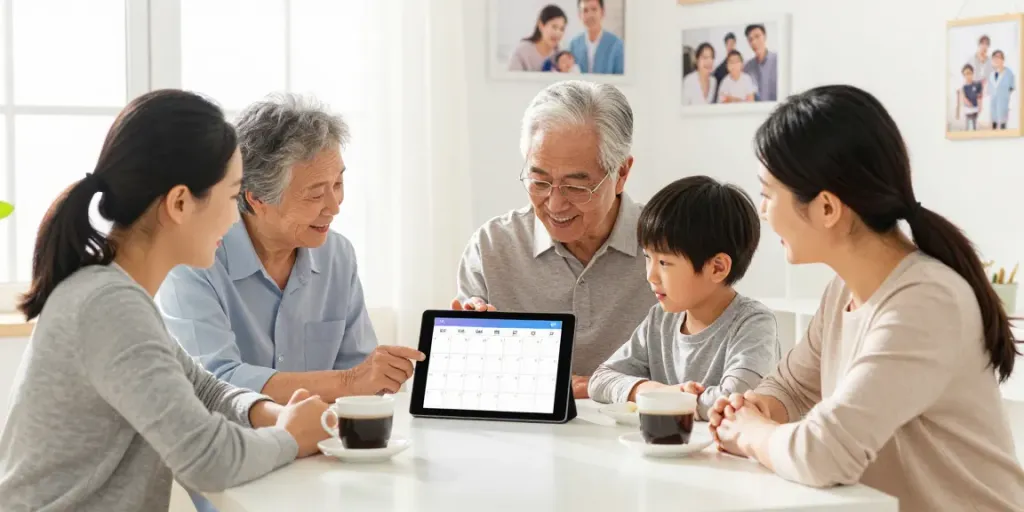 Coordination des soins avec agenda partagé famille dans un cadre familial chaleureux.