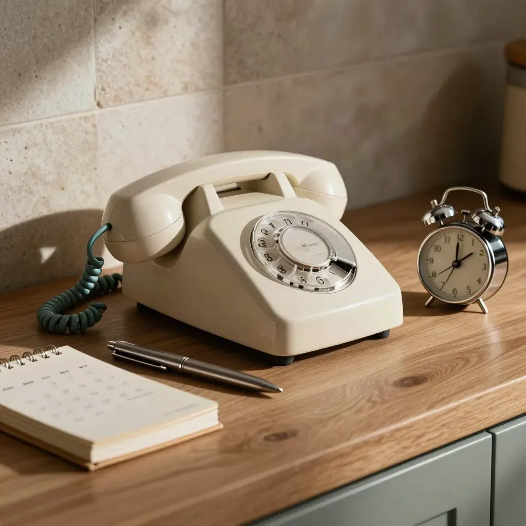 Téléphone fixe, calendrier fermé, stylo métallique et petite horloge sur un plan de cuisine.