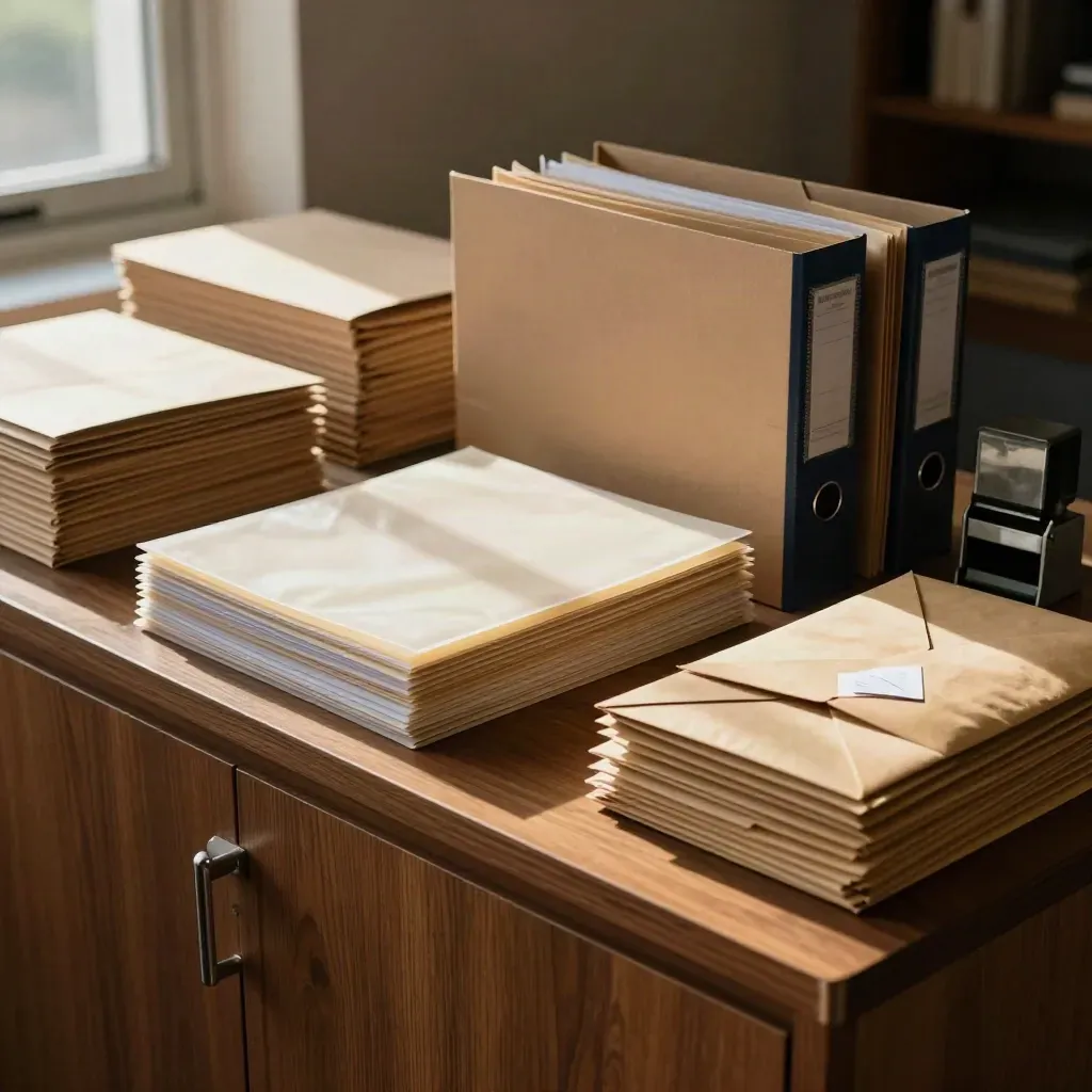 Dossiers administratifs triés sur un buffet d’entrée, avec pochettes, enveloppes kraft et tampon métallique.