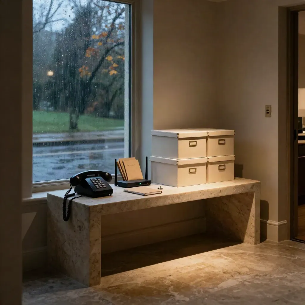 Console d’entrée avec archives, téléphone, enveloppes et routeur sous la pluie du soir.