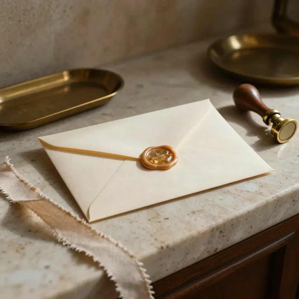 Enveloppe crème scellée à la cire, coupe-papier en laiton, ruban de lin sur travertin.