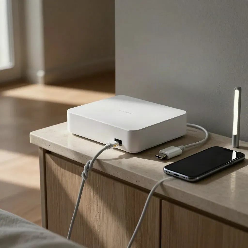 Boîtier internet, câble réseau, adaptateur USB-C, smartphone et lampe LED sur une étagère claire.