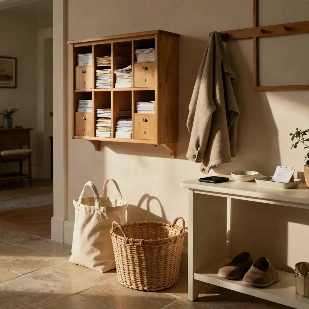 Entrée familiale rangée avec courrier trié, sac de courses, veste et smartphone face contre table.