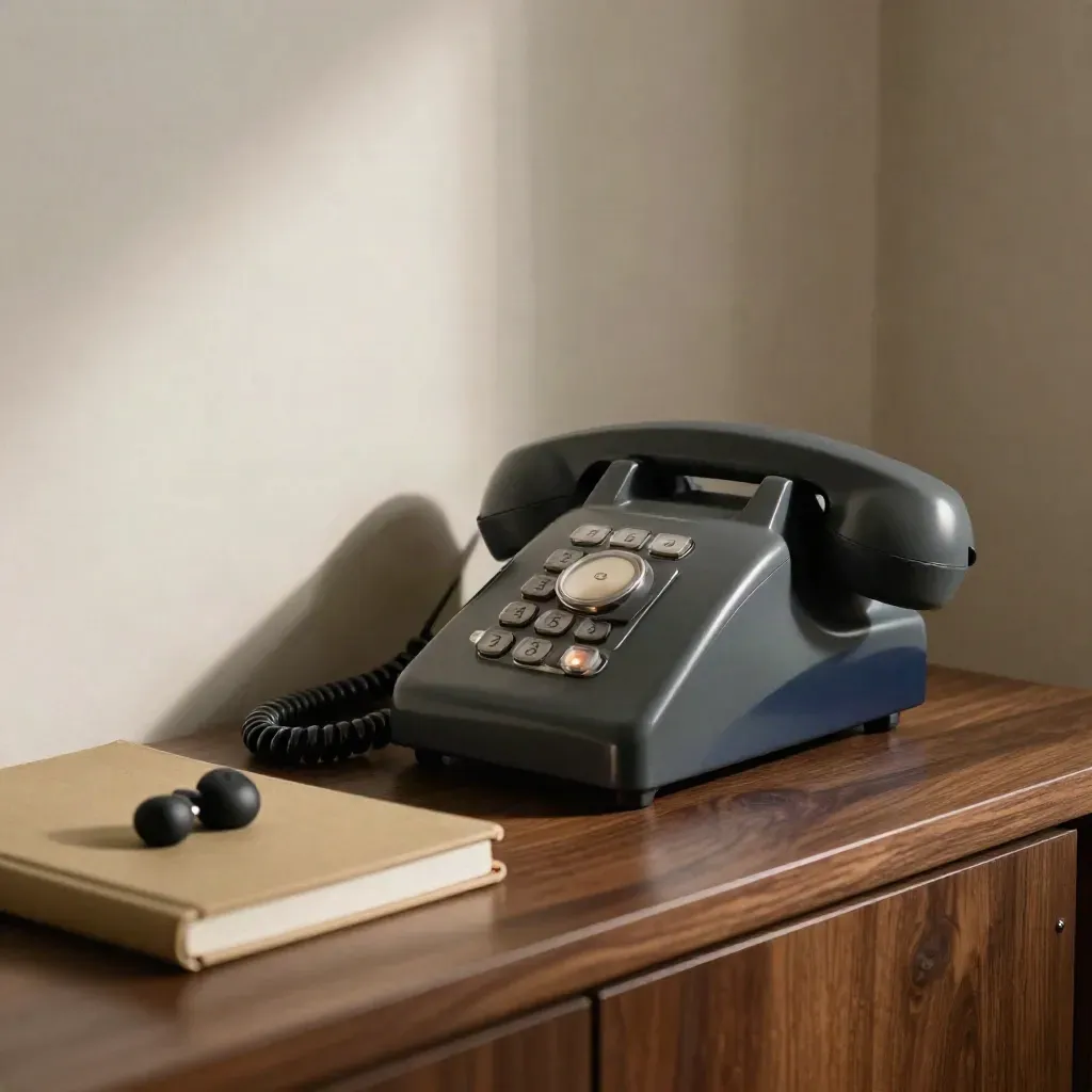 Téléphone rétro, voyant allumé, carnet fermé et écouteur sans fil sur console sombre, lumière dramatique.