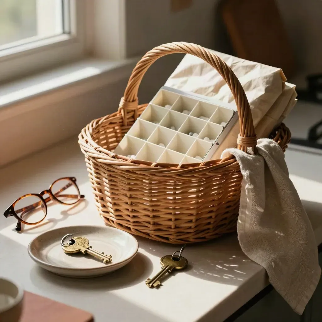 Panier en osier, pilulier, lunettes, clé et torchon de lin sur une table de cuisine claire.