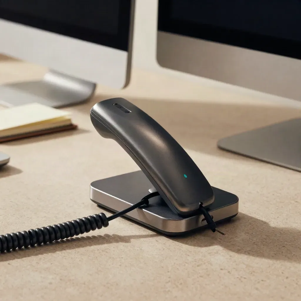 Bureau d’indépendant prêt pour les appels, téléphone, écran en veille et câbles alignés.