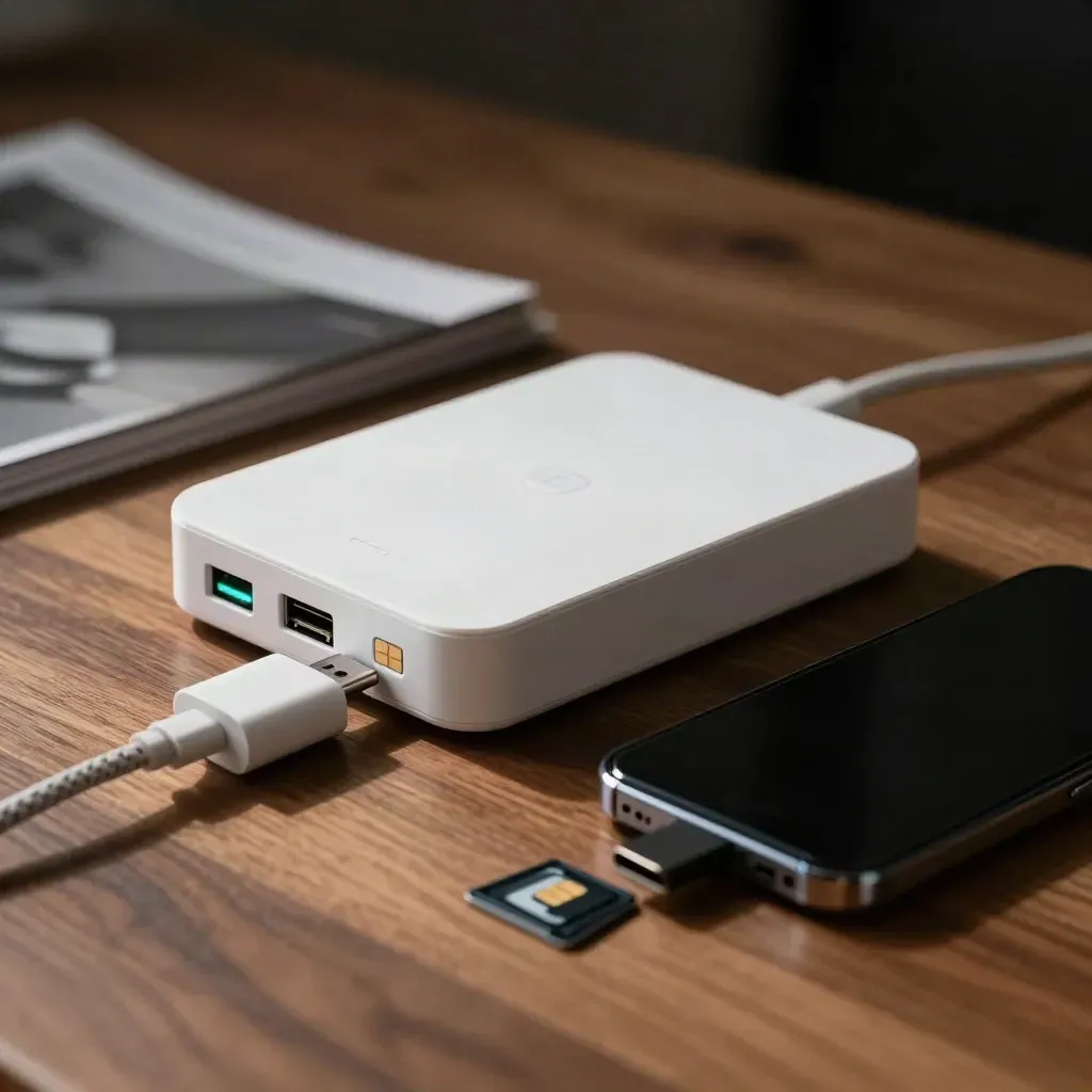 Box internet blanche, câble ethernet, adaptateur USB-C et smartphone noir sur bois sombre.