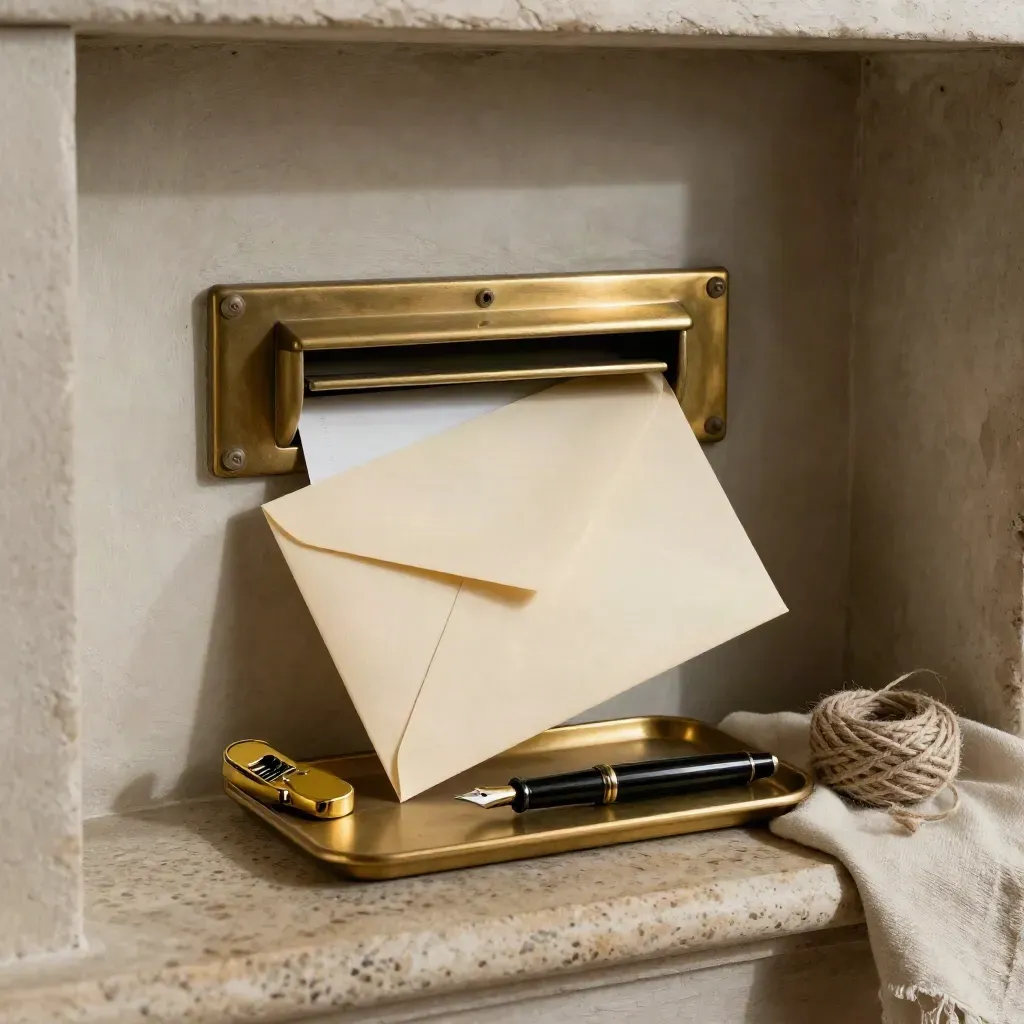 Enveloppe scellée, coupe-papier en laiton et boîte postale dans une lumière cinématographique.