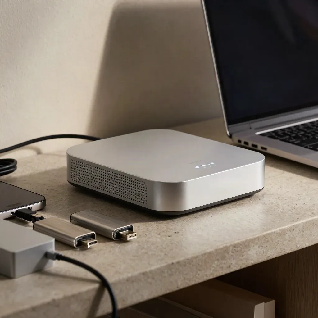 Ordinateur portable, routeur, smartphone et clés USB sur une étagère claire, lumière douce.