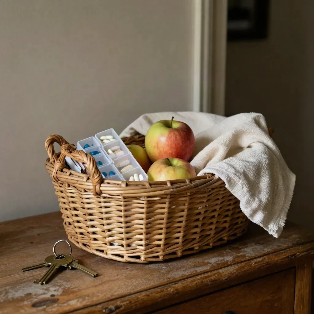 Panier en osier, pilulier, pommes, torchon de lin et clés sur une console d’entrée.