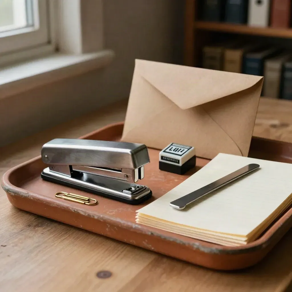 Nature morte d’outils administratifs en métal et kraft, lumière de fenêtre et ombres nettes.