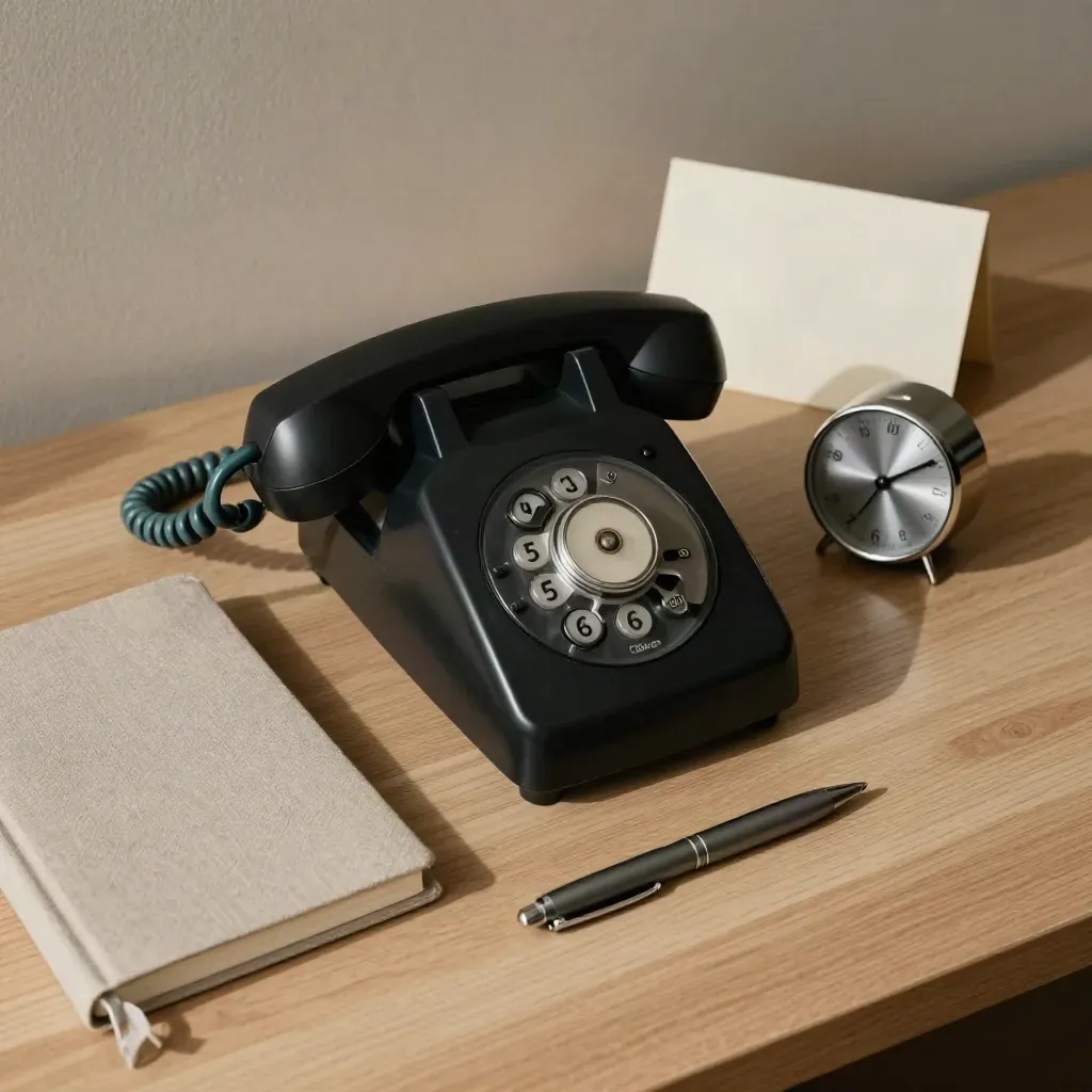 Téléphone filaire, carnet fermé, minuteur métal et stylo court sur bois clair.