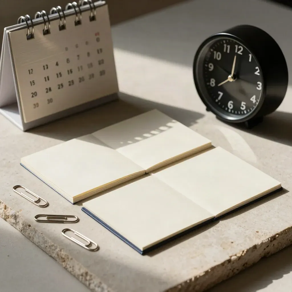 Calendrier, cartes de tâches, trombones et horloge compacte sur fond clair.