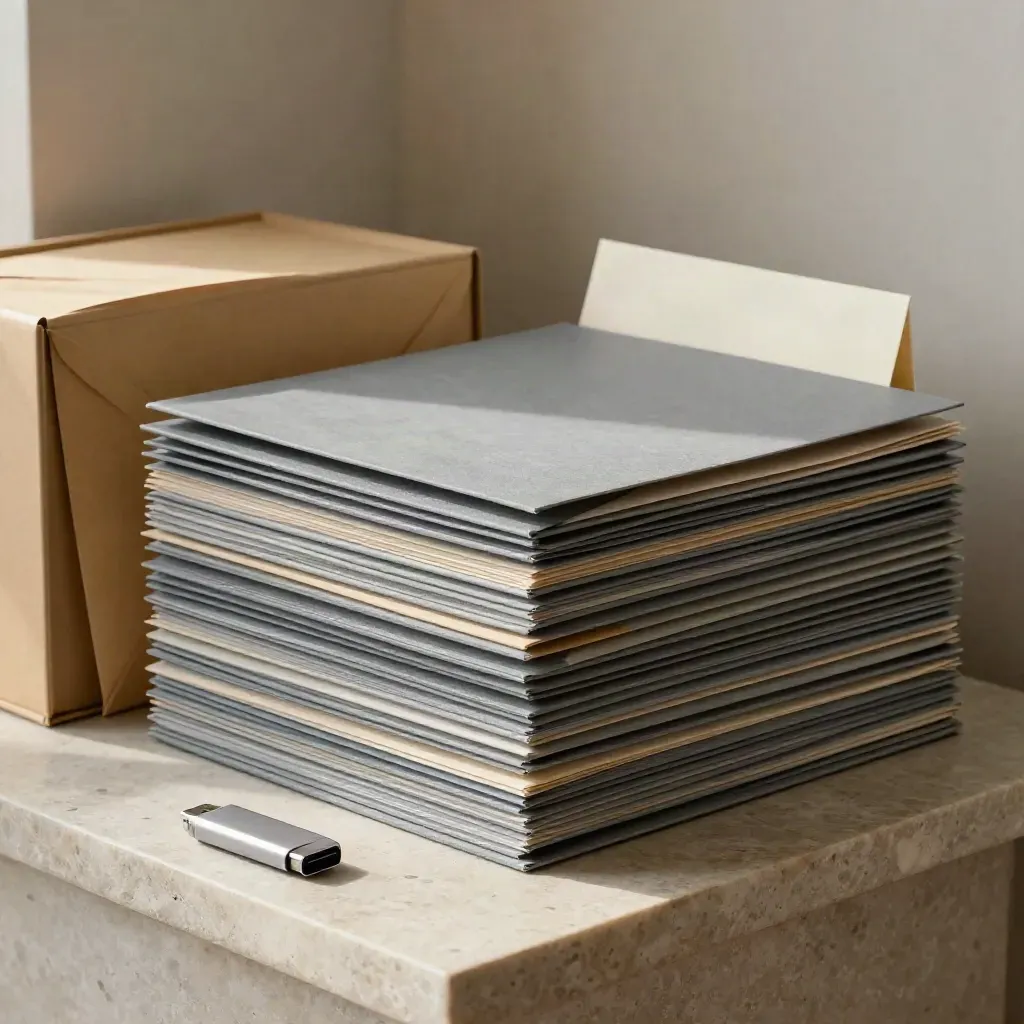 Dossiers fermés, boîte d’archivage, enveloppes prêtes et clé USB sur pierre claire.