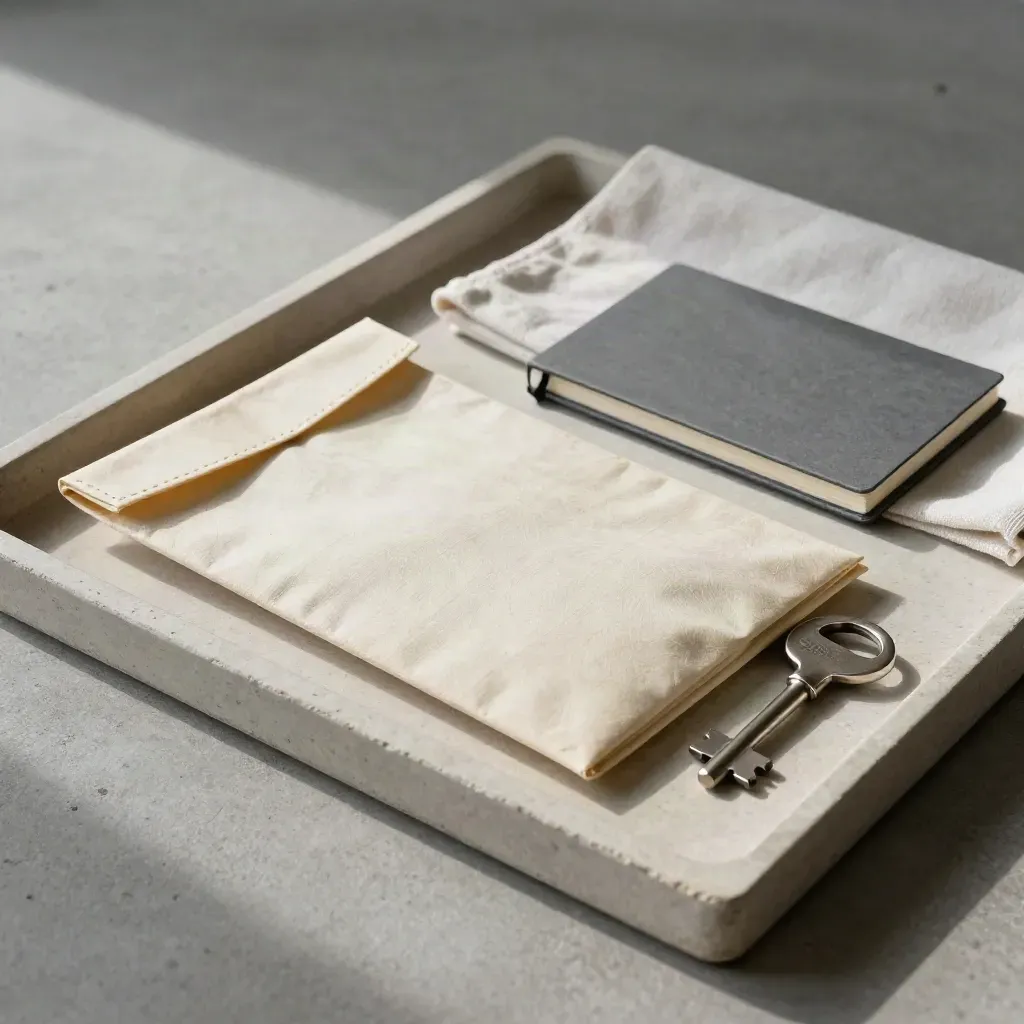 Pochette scellée, carnet fermé et clé métallique sur plateau de pierre, lumière douce.