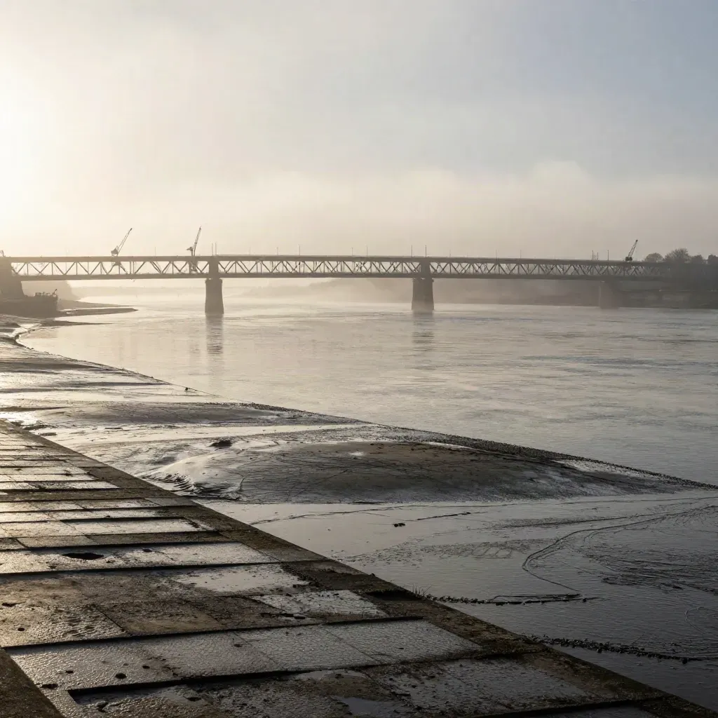 Vue brumeuse de la Loire à Nantes, ponts et chantiers navals au lever du jour.