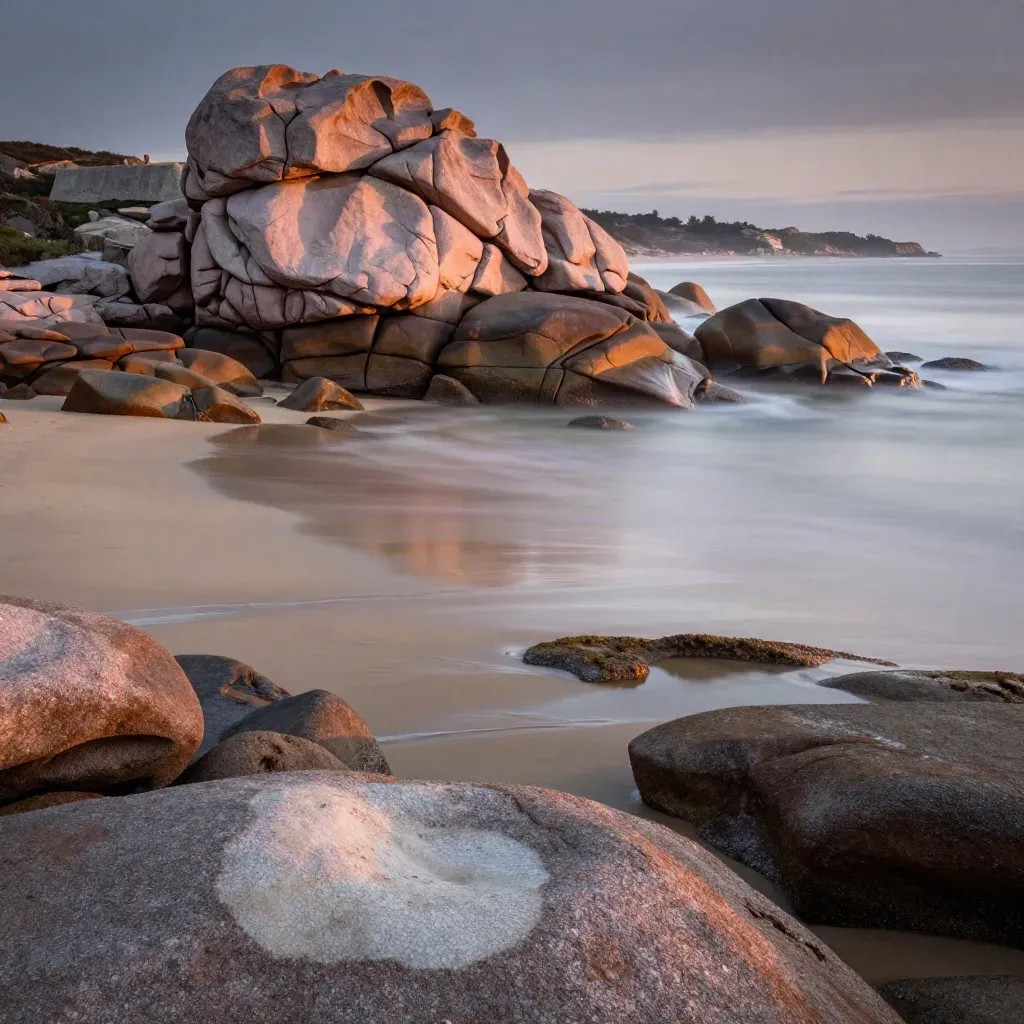 Falaises de granit rose en Bretagne, estran lisse et brume saline au crépuscule.