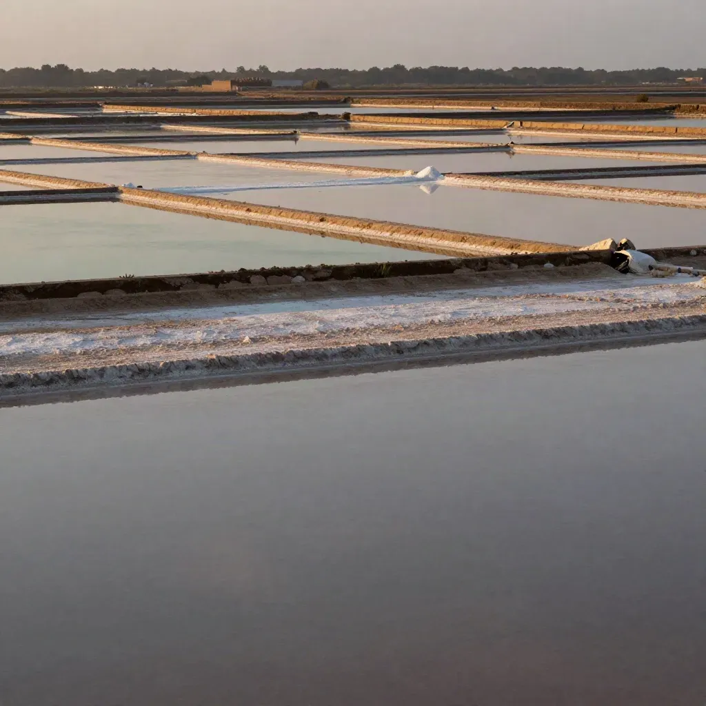 Marais salants de Guérande au soleil rasant, bassins géométriques et digues basses.