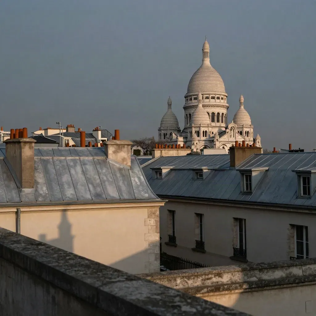 Toits parisiens en brume avec dôme de Sacré-Cœur au-dessus d’une cour calme.