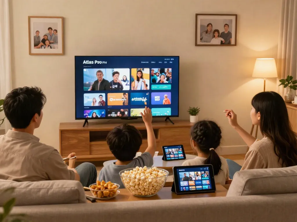 Famille utilisant l'application atlas pro ONTV pour un divertissement à domicile.