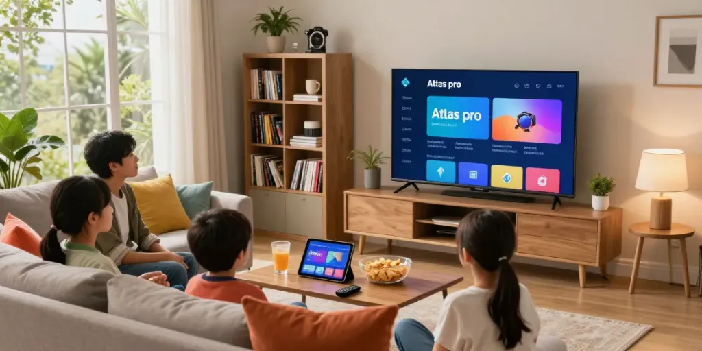 Expérience de divertissement familial avec Atlas pro ontv dans un salon confortable.