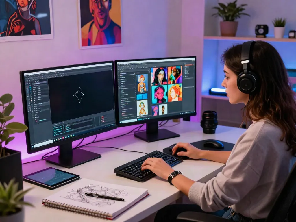 Artist at a digital studio generating ai nsfw models on her computer, showcasing creativity and technology.