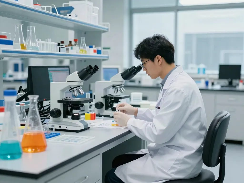Chaise de laboratoire en polyuréthane facile à nettoyer utilisée par un scientifique dans un environnement stérile.