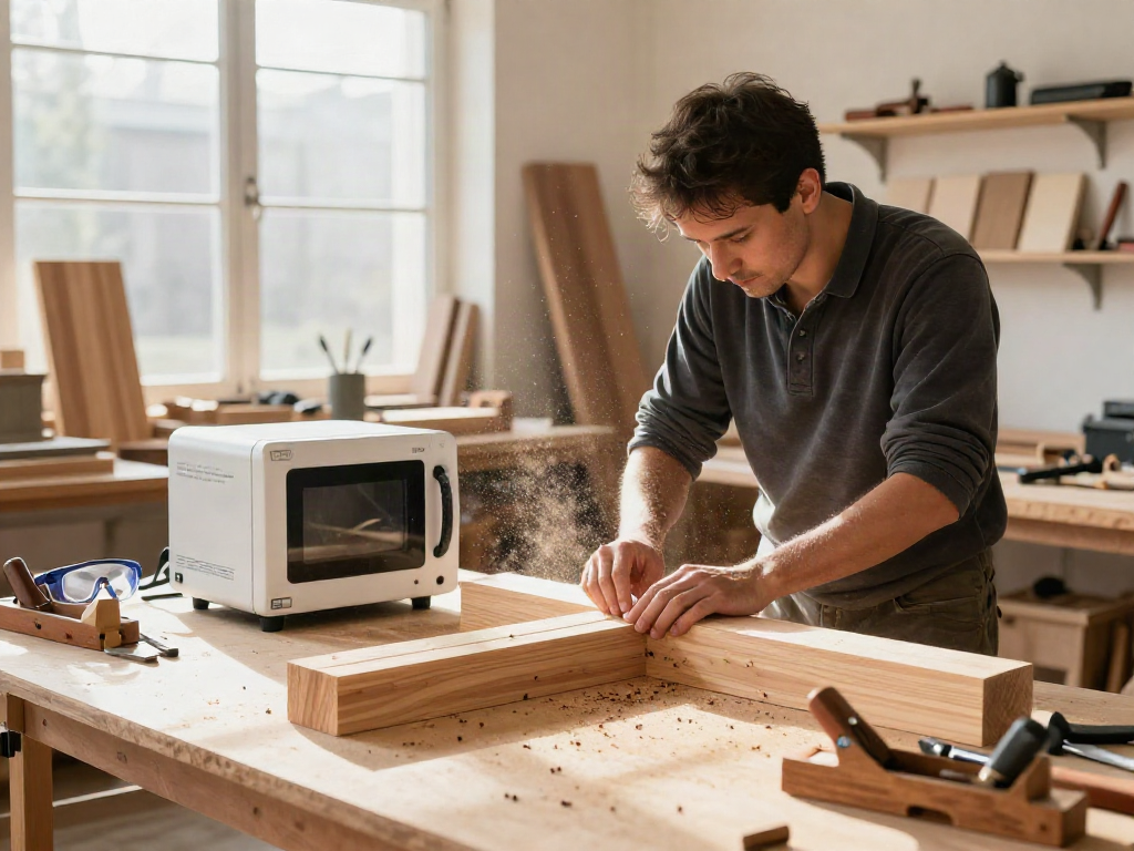 Traitement du bois avec Shashel® pour éliminer les insectes, démonstration dans un atelier ensoleillé.