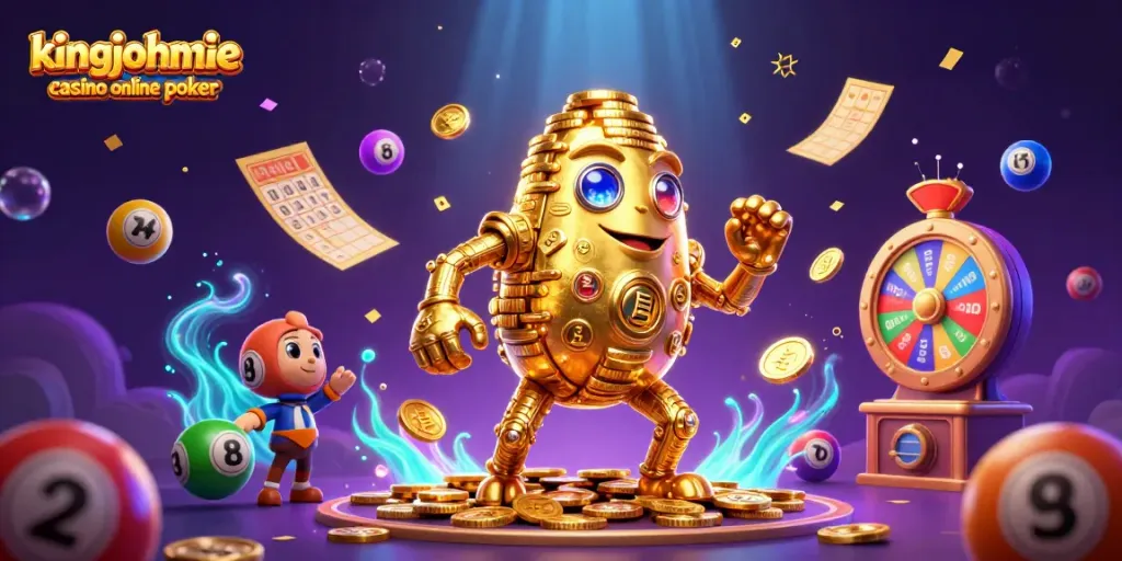 Engage in kingjohnnie casino online poker with a dynamic scene filled with casino elements and vibrant colors.